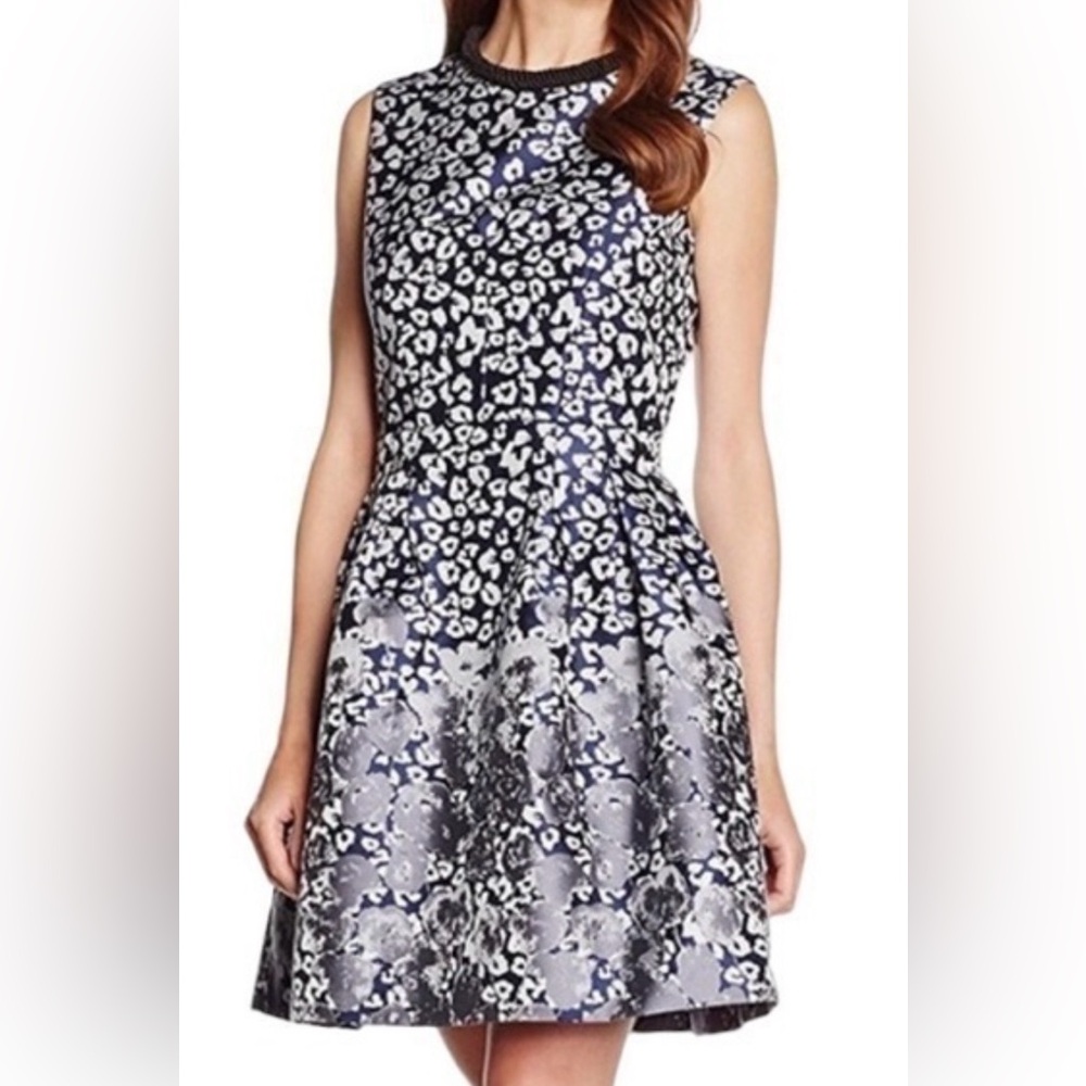 Belle Badgley Mischka Cocktail Patterned‎ Dress Navy Blue Floral Sz 4 YNN